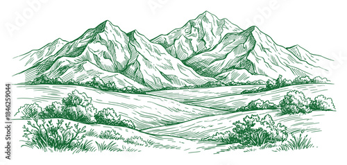 Green Ink Sketch: Mountain Landscape with Hills and Vegetation Drawing
