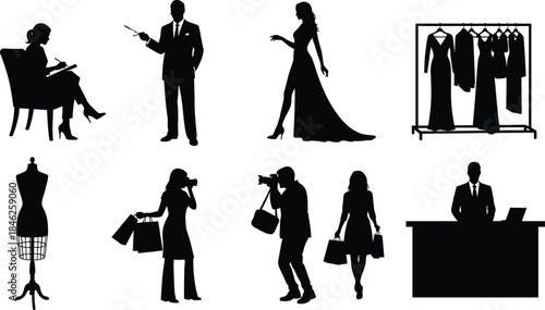 Fashion industry silhouette icons, designer stylist photographer model shopping scenes, clothing rack boutique concept, black white vector illustration set