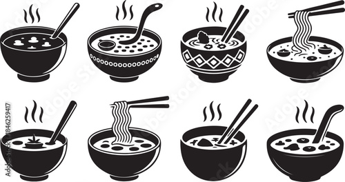 Collection of Bowls with Noodles and Chopsticks in Black and White
