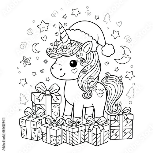 Christmas unicorn with Santa hat surrounded by gift boxes and stars, hearts, and moon decorations, cute holiday fantasy character for coloring book or festive design