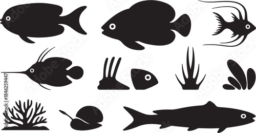Collection of Fish Silhouettes Aquatic Life Marine Theme