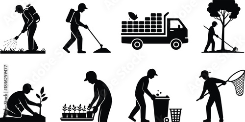Gardening and landscaping worker icon set illustration, outdoor maintenance, planting, cleaning, environmental care, professional labor silhouettes collection