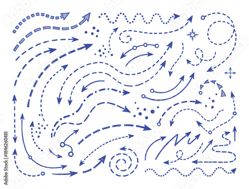 Hand-drawn blue arrows with dotted and dashed lines direction indicators concept illustration.