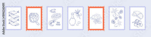 Hand drawn Italian postcard stamp illustration set featuring Mediterranean food, seafood, olive oil, cheese, artichoke, lemon, bread. Drawing ink. Vintage travel style art for cuisine, menu, tourism 