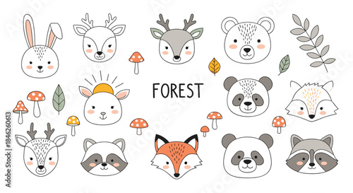 A large collection of cute, hand-drawn style forest animal faces including a fox, bear, deer, panda, and raccoon with mushrooms.