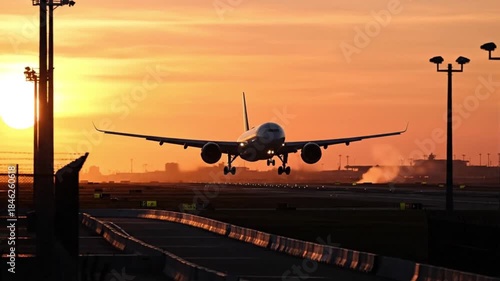 a commercial airplane descending for landing near an airport runway