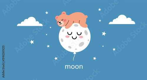 A cute cartoon bear sleeping peacefully on top of a smiling moon-shaped balloon against a blue night sky with stars.