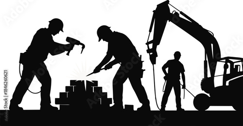 Construction Workers Operating Heavy Machinery on Site