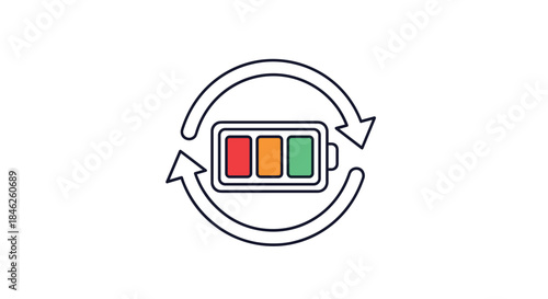 A modern line art icon of a rechargeable battery with colorful cells, surrounded by circular arrows representing renewable energy.