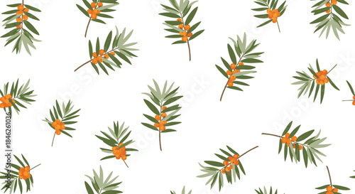 A light and airy seamless pattern with scattered branches of sea buckthorn with orange berries and leaves on a clean white background.