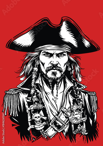 055-03-Illustration of a pirate captain with detailed features and an intense gaze on a red background