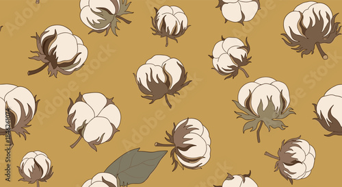 Seamless repeating pattern of illustrated cotton bolls in soft brown and beige tones on a warm mustard yellow background.
