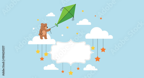 Adorable children's illustration of a cute brown bear on a fluffy cloud flying a green kite, with a blank frame for text.