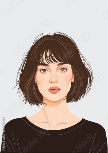 055-06-Young woman's face with a bob haircut and bangs, minimalist vector art