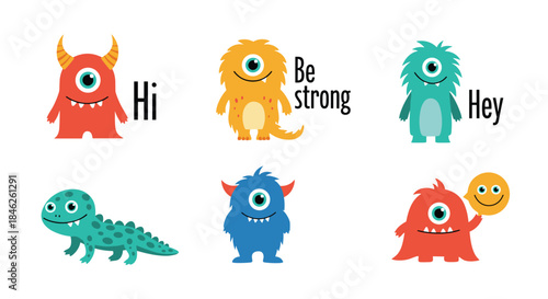 Adorable collection of six friendly and colorful monster characters with funny expressions and greetings like 'Hi' and 'Hey'.