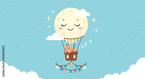 Sweet illustration of a sleeping teddy bear in a hot air balloon with a smiling moon, floating in a daytime sky with clouds.