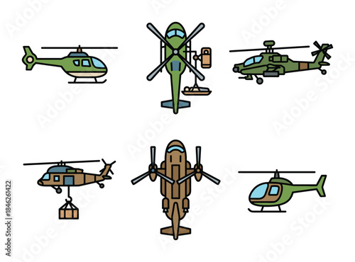 Helicopter Icons Set Green and Brown Military and Civilian Airplanes