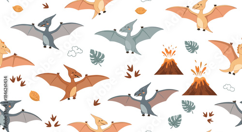 Seamless pattern for children featuring cute cartoon pterodactyl dinosaurs flying around erupting volcanoes and tropical leaves.