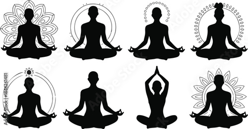 Silhouettes of Meditating Figures in Various Yoga Poses