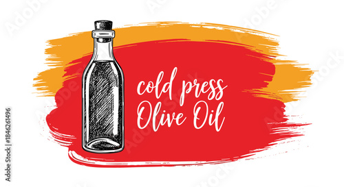 Vintage hand-drawn sketch of a cold press olive oil bottle set against a vibrant red and orange brush stroke background.