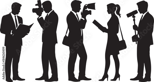 Silhouettes of journalists working in a newsroom setting