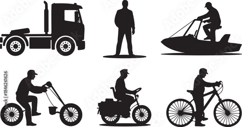 Silhouettes of people and vehicles in various activities