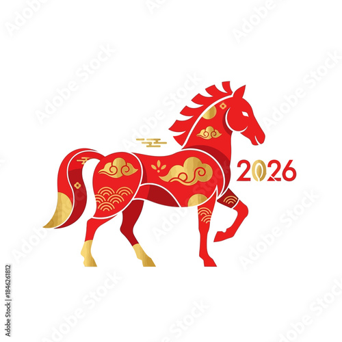 Celebration of the Chinese Zodiac Year 2026 with a Traditional Red Horse Illustration