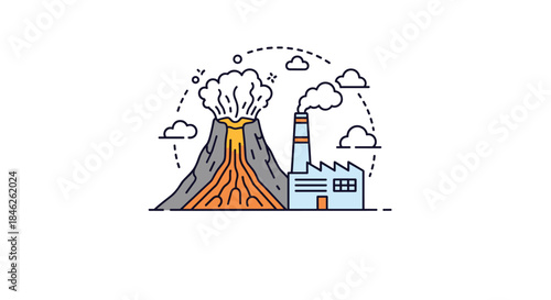 Simple line art illustration combining an industrial factory with an erupting volcano, symbolizing geothermal energy or pollution.