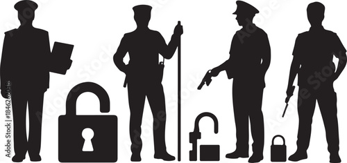 Silhouettes of Police Officers with Equipment and Locks