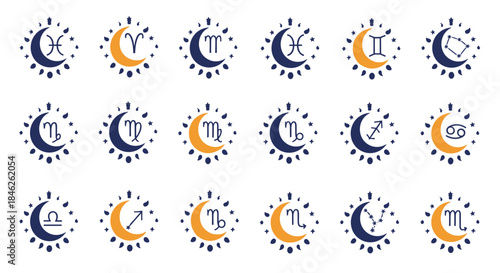 Complete set of all twelve zodiac signs presented in a celestial style with moons, suns, and stars, perfect for astrology fans.