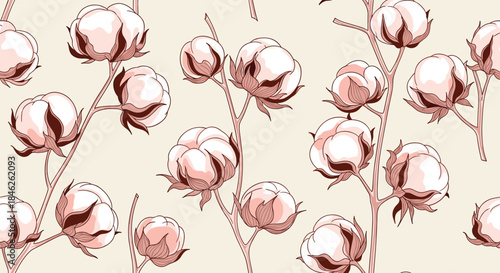 Elegant and seamless floral pattern featuring delicate cotton plant branches with soft pinkish bolls on a light beige background.