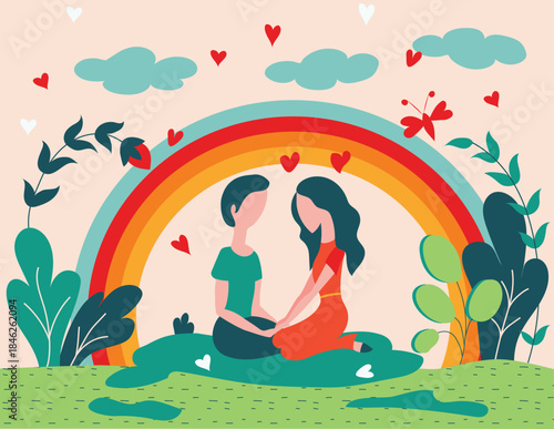 An illustration of a couple sitting on grass, surrounded by trees and greenery on a sunny day