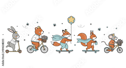 Adorable parade of cute forest animals including a bear, fox, and rabbit, riding bicycles, a scooter, and skateboards.