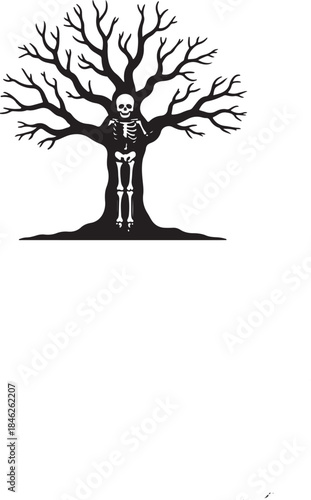 Skeleton in Tree Halloween Spooky Decoration Illustration