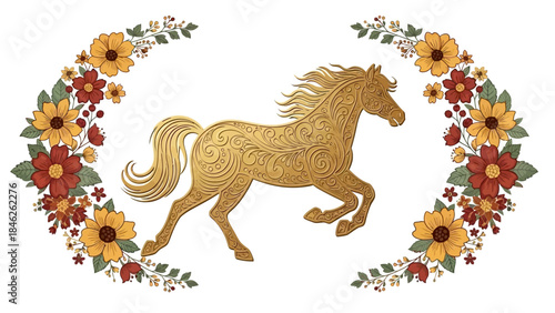 Elegant golden horse surrounded by vibrant floral wreaths with intricate details and decorative