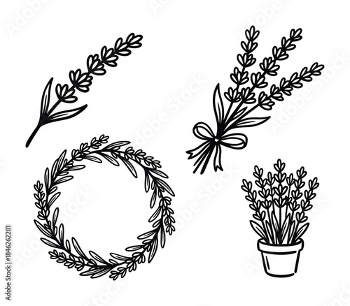 Hand-Drawn Lavender Illustrations: Single Sprig, Bouquet, Wreath, and Potted Plant in Black Outline