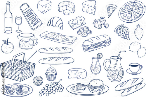 A comprehensive hand-drawn outline vector set of picnic and market food, including cheese, bread, wine, fruit, sandwiches, and beverages, perfect for restaurant menus and casual dining.
