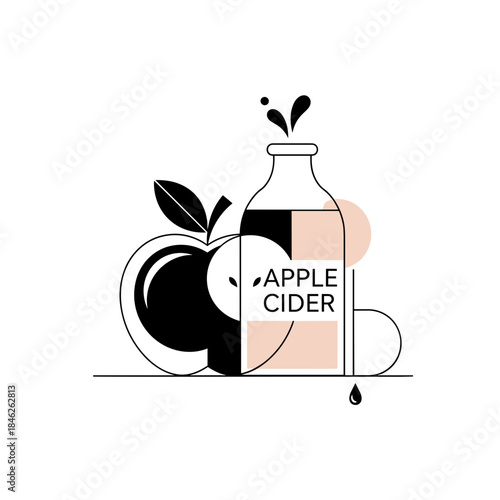 Stylized illustration of apple cider bottle with an apple and splash design