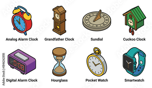 Isometric Illustration of Various Time Keeping Devices Clocks and Watches
