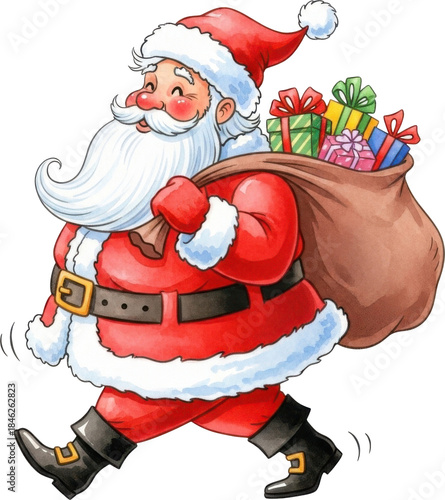 Santa claus carrying a large bag of gifts isolated on transparent background