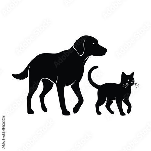 Black silhouette icon of a dog and cat walking side by side