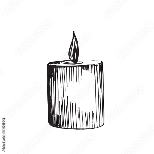 Vector black and white candle illustration. The graphic clipart is hand-drawn in ink. Suitable for holiday design, Christmas cards and invitations, packaging, Halloween, textiles, spa.