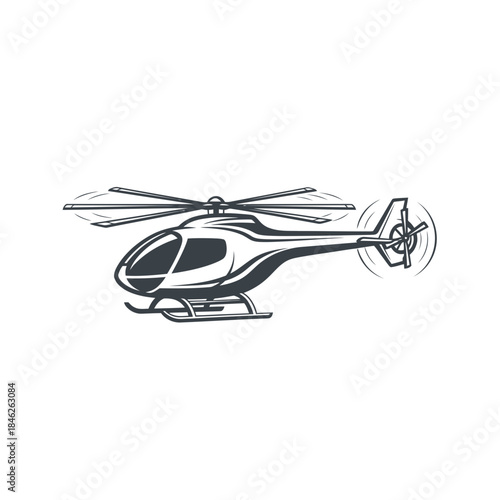 A helicopter with rotor blades spinning.