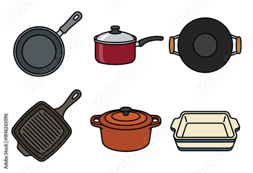 Kitchen Cookware Collection Illustration: Pots, Pans, and Baking Dish Set