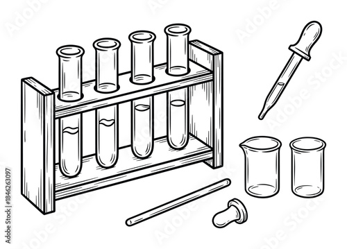 Lab Equipment Outline Illustration with Test Tubes, Beakers, and Pipette in Rack