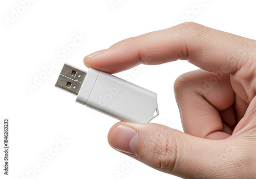 Close-up of a Human Hand Holding a Blank White USB Flash Drive Mockup Isolated for Branding and Data Storage Concepts