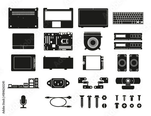 Laptop Parts Silhouette Set - Computer Components in Black and White Vector Illustration