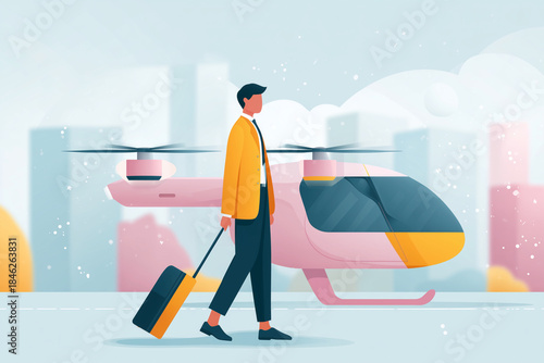 A man is walking with a suitcase and a pink and yellow helicopter