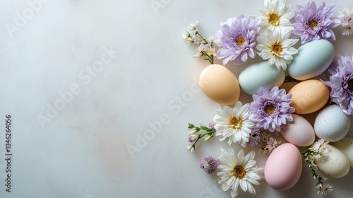 Minimal Easter holiday background, white surface, pastel eggs, soft spring flowers