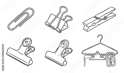 Line Art Illustration of Paperclip, Binder Clips, Clothespin, and Hanger